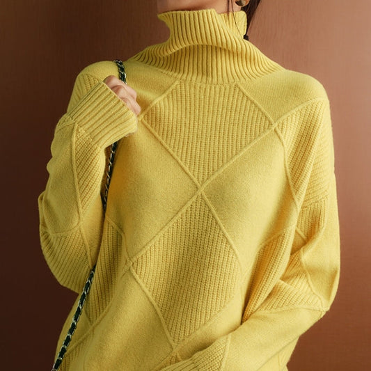 Women's Sweater - Soft Diamond Pattern Roll Neck - ModishWorld