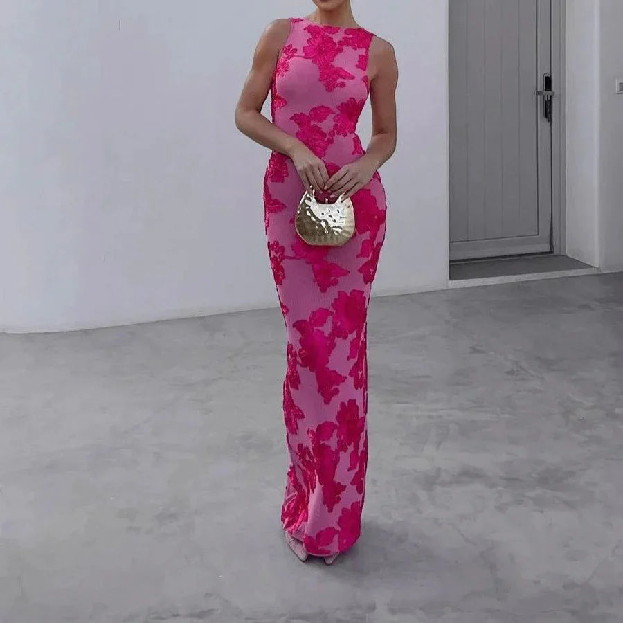 Ladies Elegant Red Floral Long Evening Gown - ModishWorld