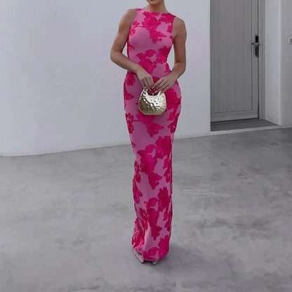 Ladies Elegant Red Floral Long Evening Gown - ModishWorld