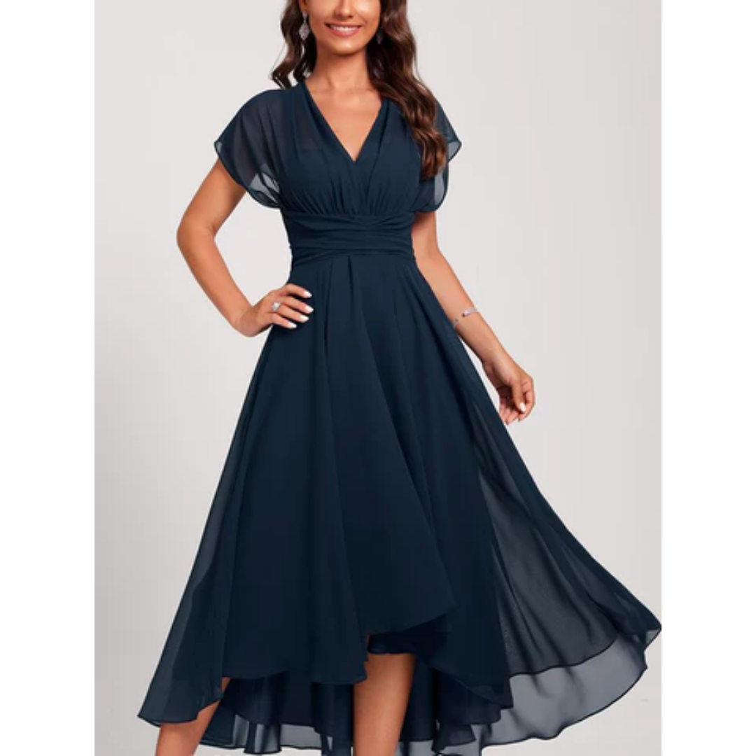Classic Navy Flared Midi Dress - Elegant V Neck Style - ModishWorld