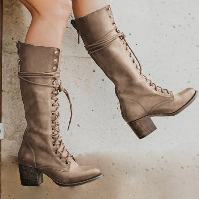 Women's Tall Lace Up Ankle Boots with Low Heel