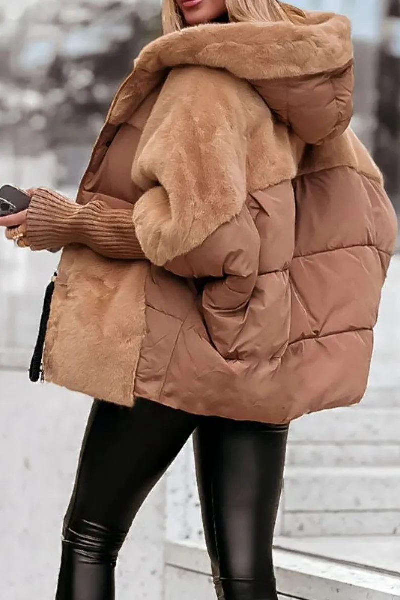 Warm Women's Padded Parka Coat with Faux Fur Hood