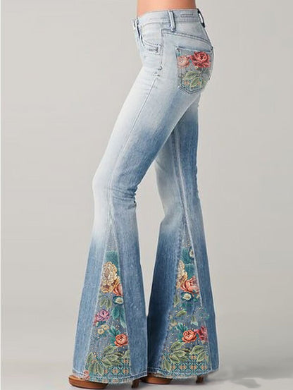 Trendy High Waisted Floral Wide Leg Jeans - ModishWorld