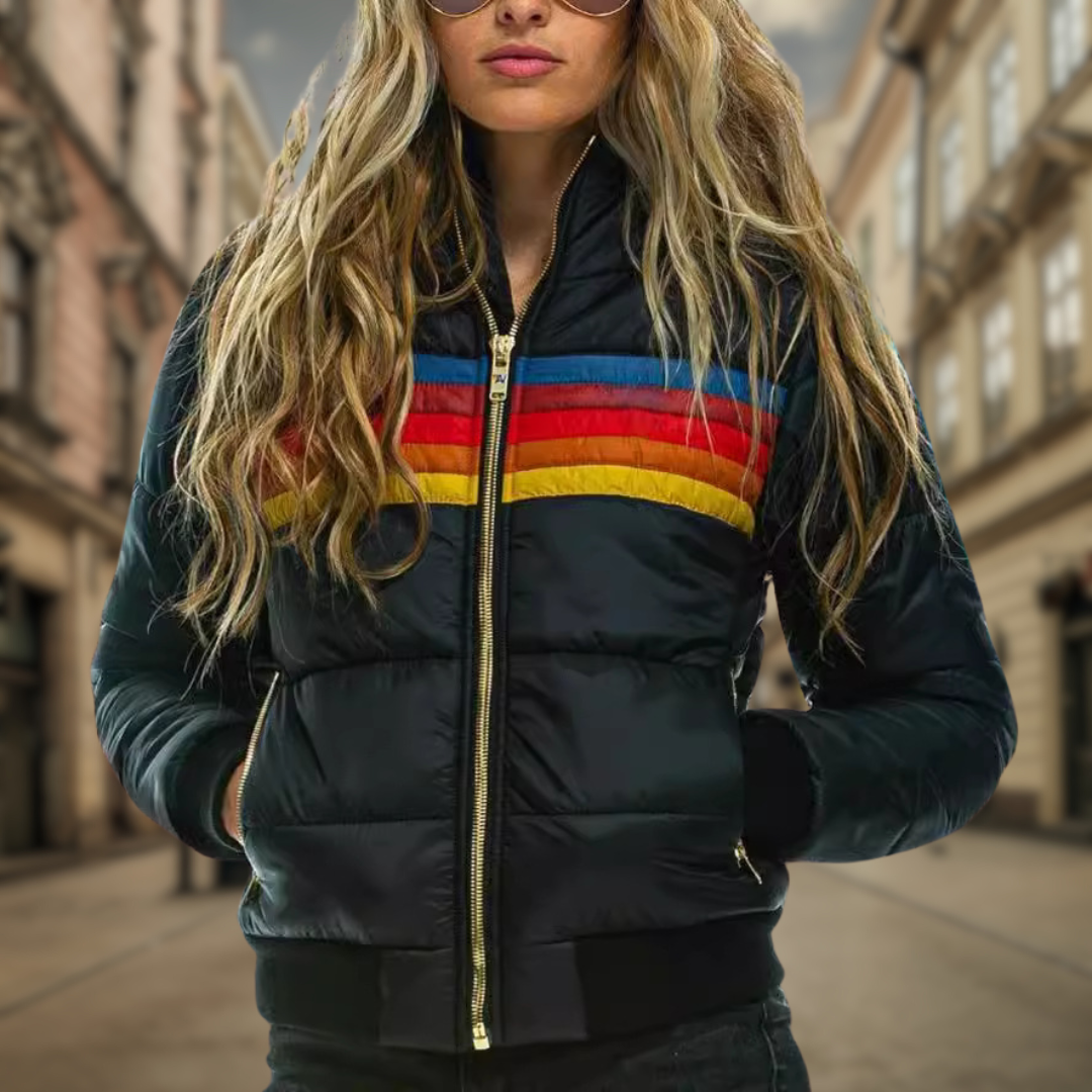 Women's Quilted Padded Coat - Zip Front with Contrast Trim - ModishWorld