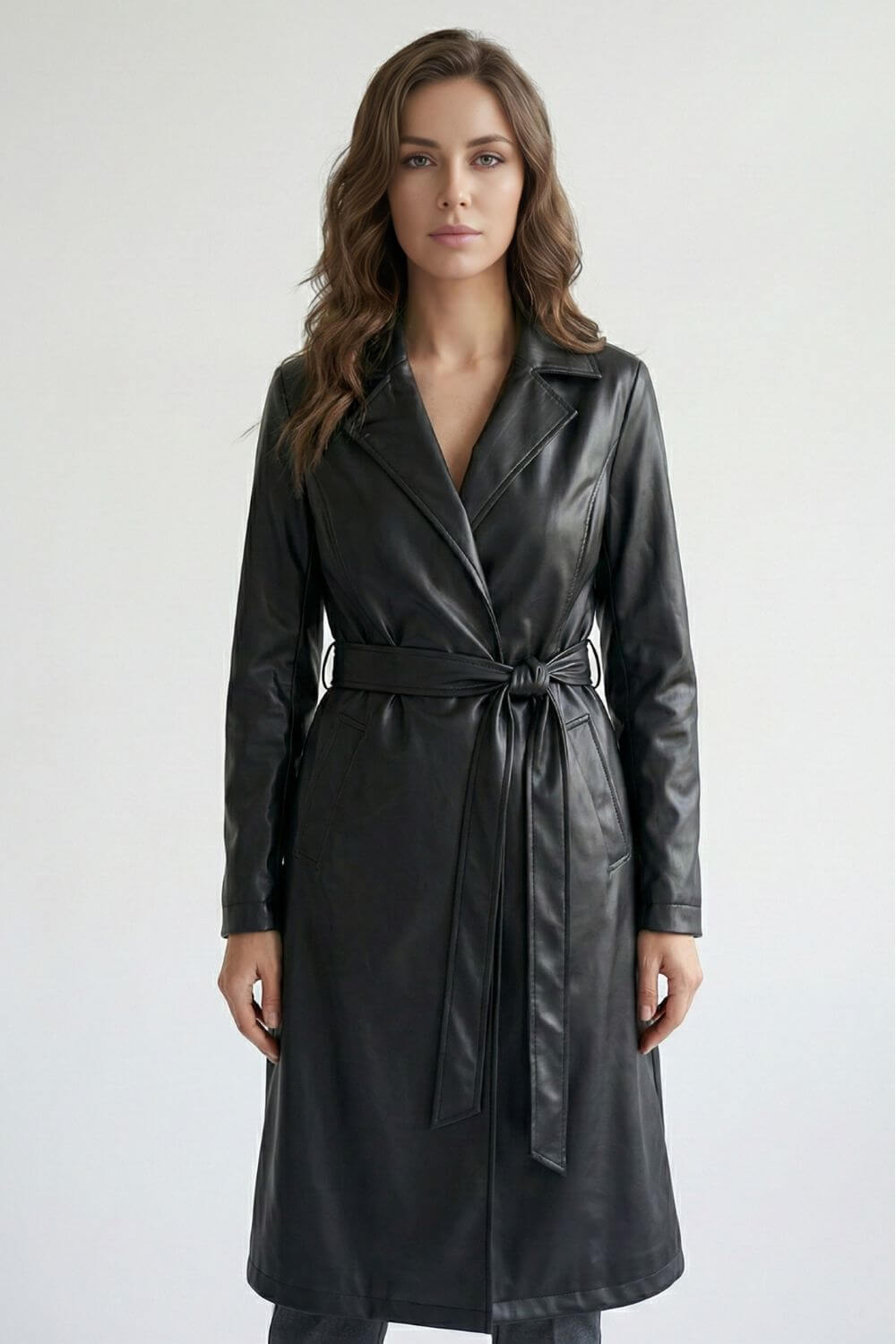 Chic Women's Faux Leather Trench Coat with Belt - Modish World