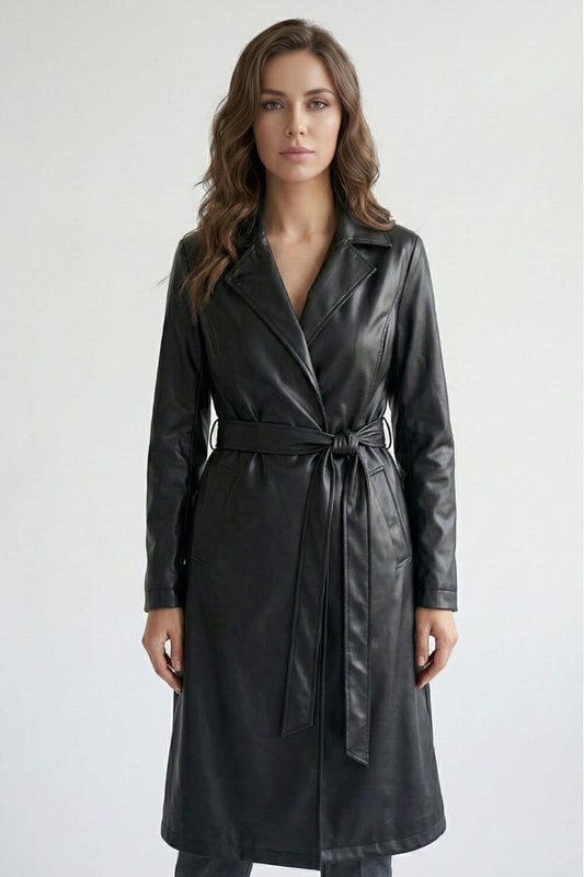 Chic Women's Faux Leather Trench Coat with Belt - Modish World