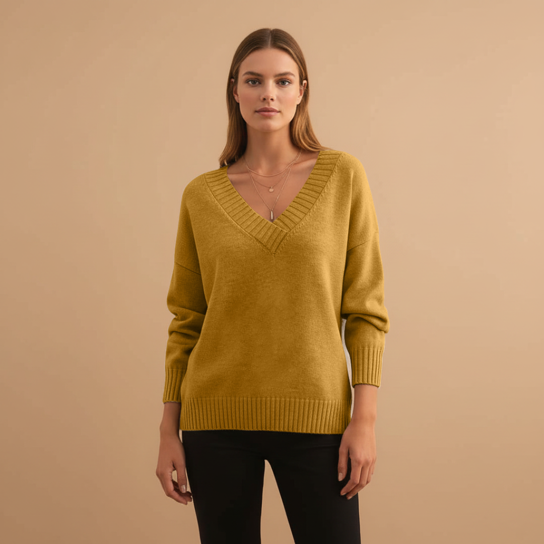 Feminine V-Neck Sweater with Textured Trim