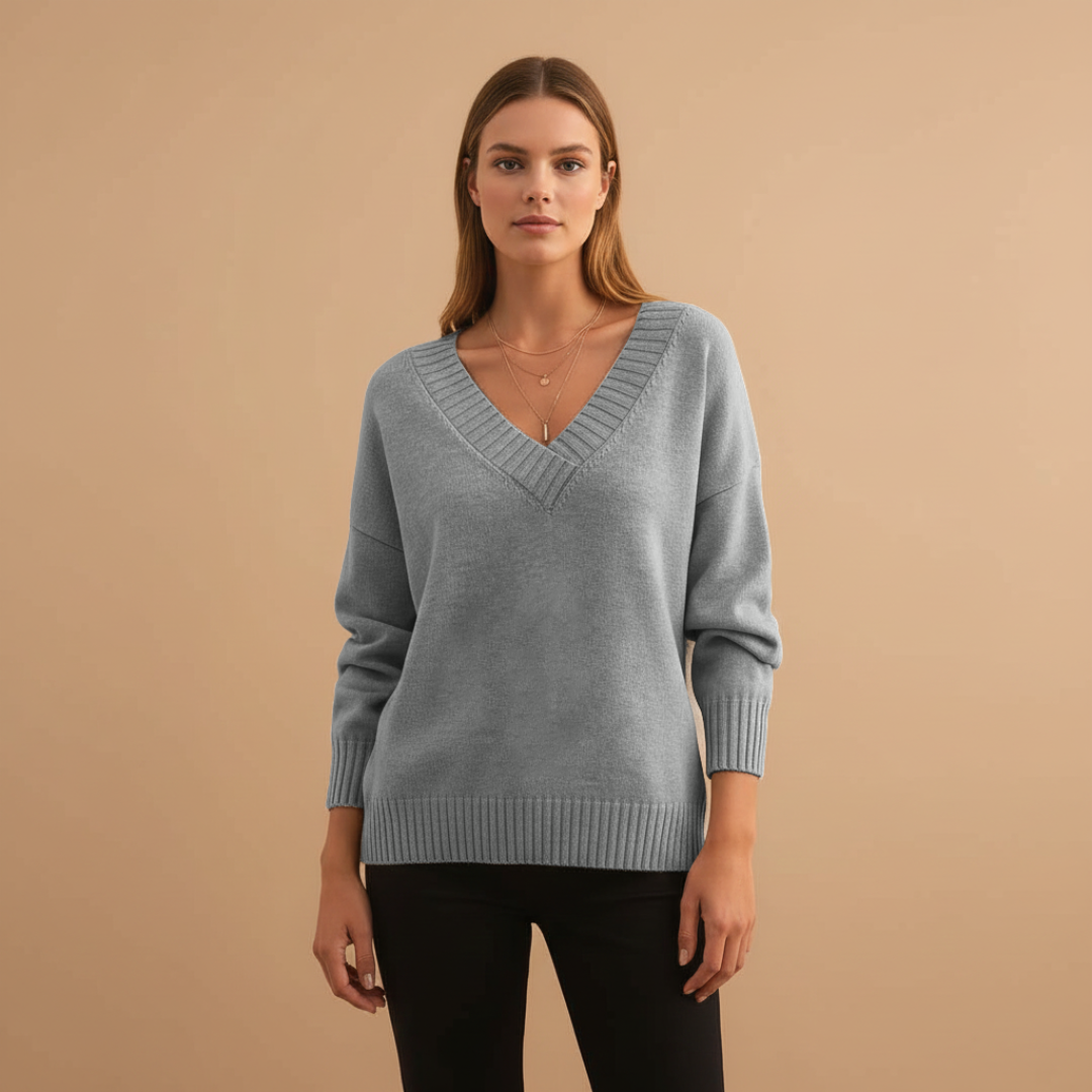 Feminine V-Neck Sweater with Textured Trim
