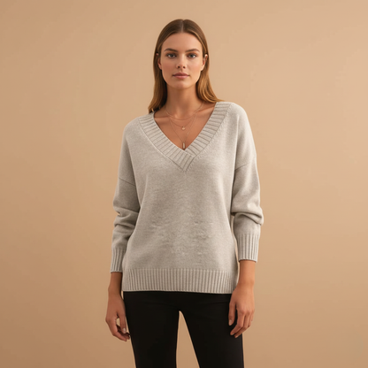 Feminine V-Neck Sweater with Textured Trim
