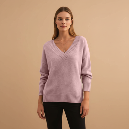 Feminine V-Neck Sweater with Textured Trim