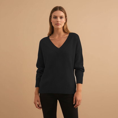 Feminine V-Neck Sweater with Textured Trim