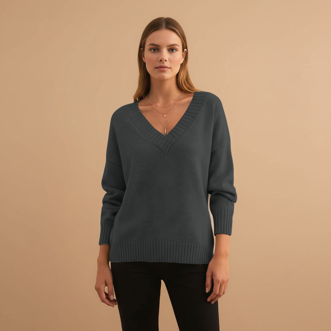 Feminine V-Neck Sweater with Textured Trim