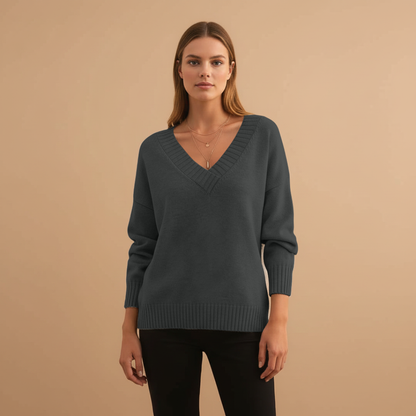 Feminine V-Neck Sweater with Textured Trim