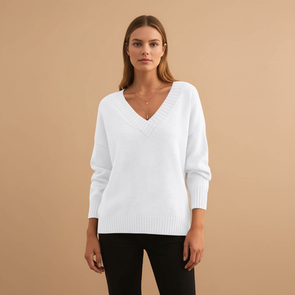 Feminine V-Neck Sweater with Textured Trim