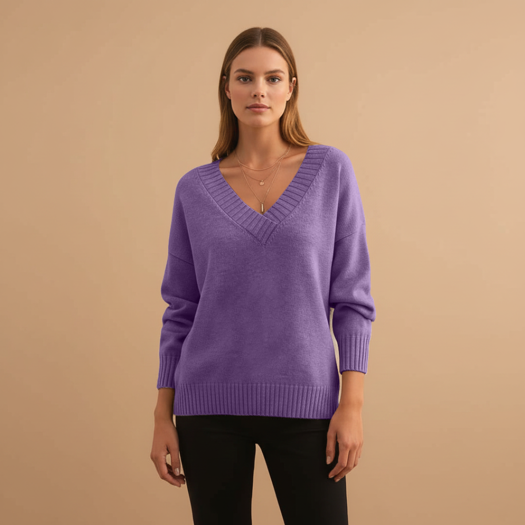 Feminine V-Neck Sweater with Textured Trim