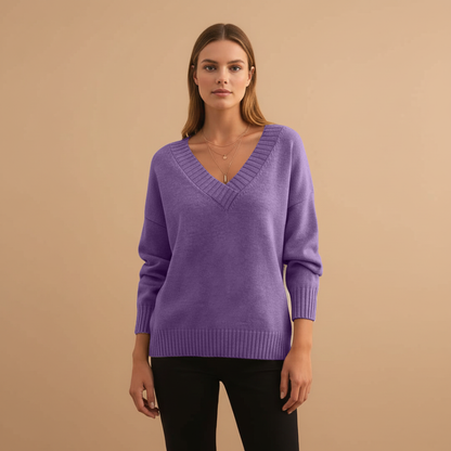 Feminine V-Neck Sweater with Textured Trim