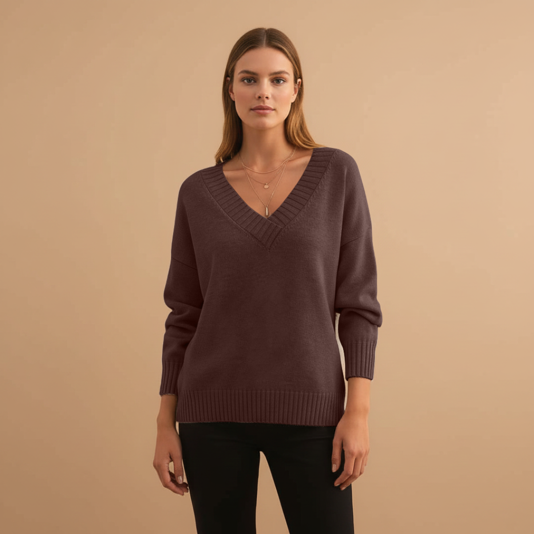 Feminine V-Neck Sweater with Textured Trim