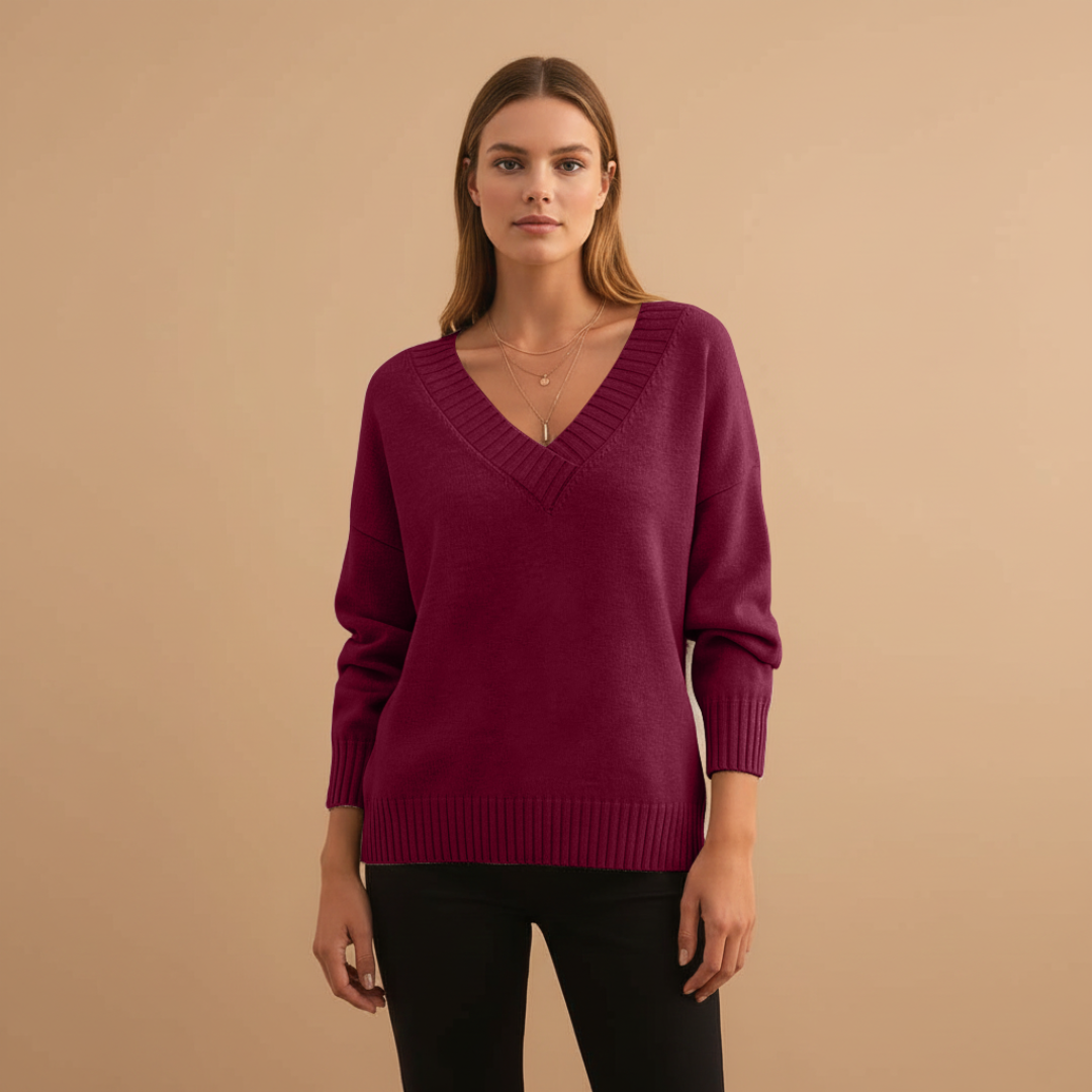 Feminine V-Neck Sweater with Textured Trim