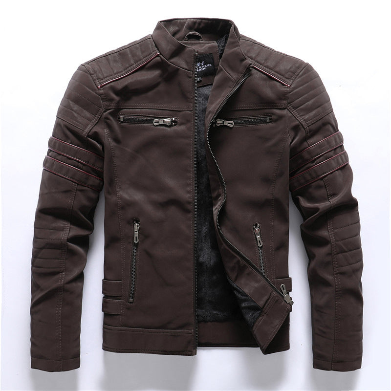 Men's Leather Biker Jacket with Red Stripe Trim