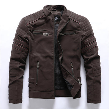 Men's Leather Biker Jacket with Red Stripe Trim
