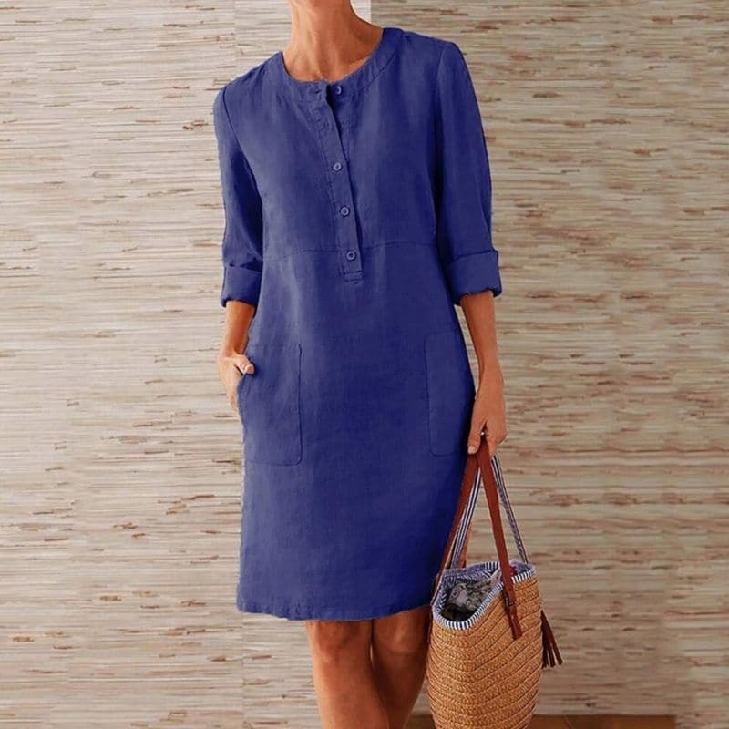 Casual Loose Fit Button Dress - Comfortable Knee Length - ModishWorld
