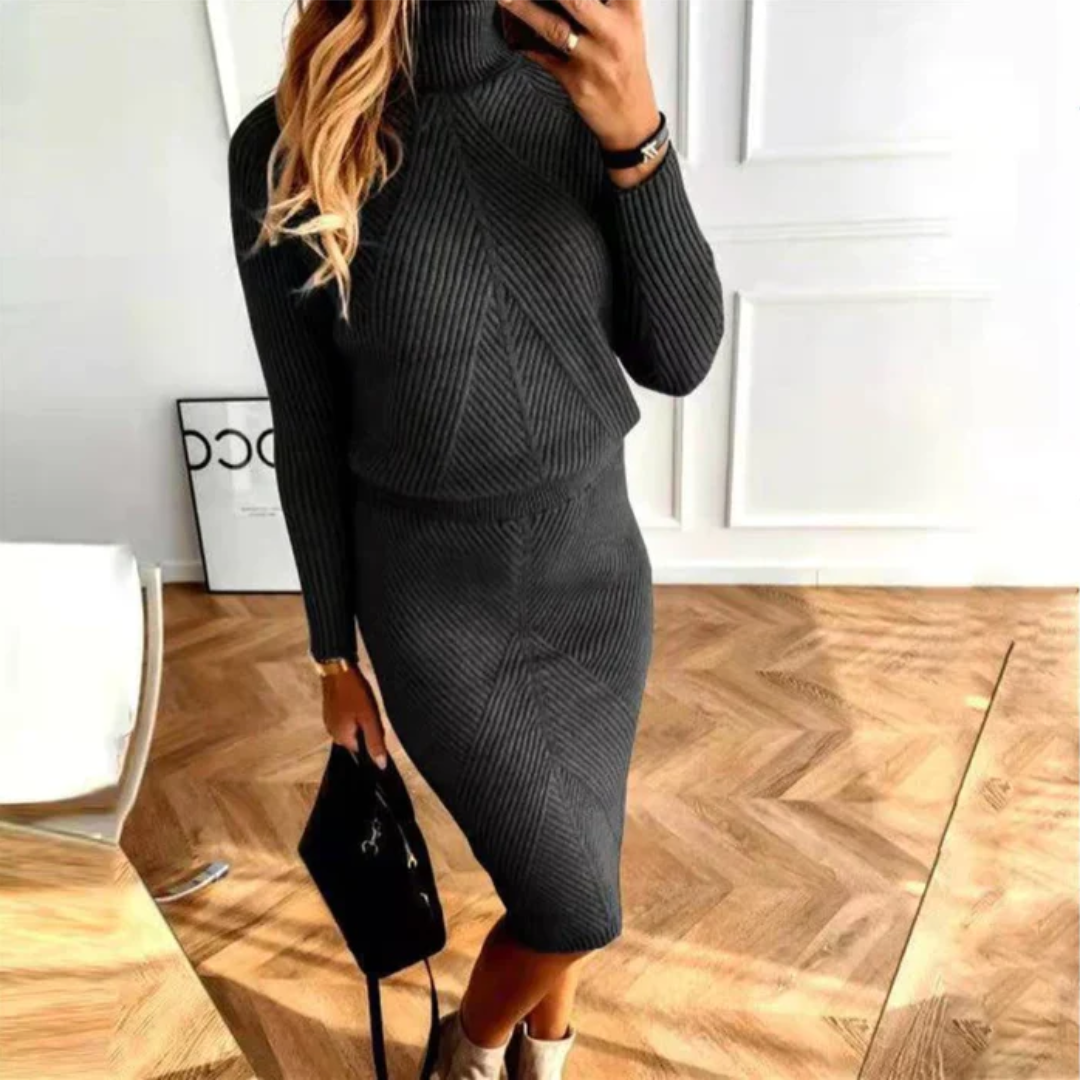 Cozy Crew Neck Knit Dress with Zig Zag Pattern - ModishWorld