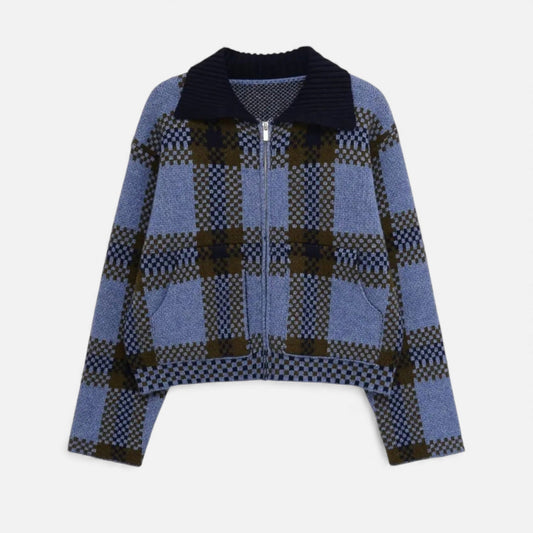Classic Plaid Knit Zip Up Women's Jacket - Modish World