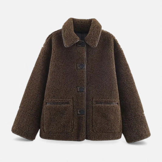 Classic Women's Brown Teddy Coat with Fold Down Collar - Modish World