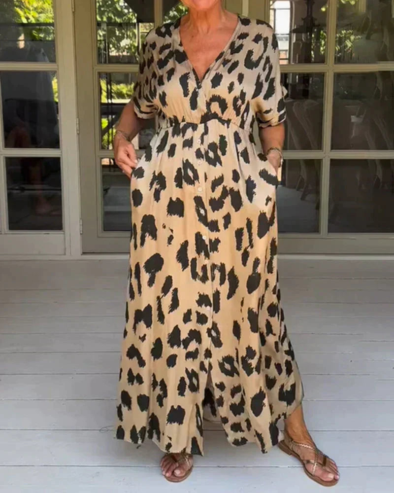 Fashionable Leopard V Neck Dress for Women - ModishWorld