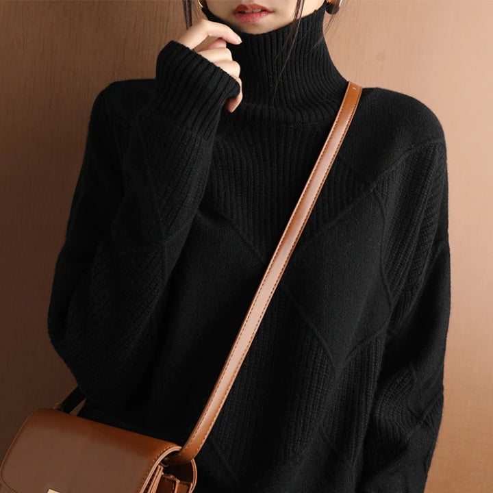 Women's Sweater - Soft Diamond Pattern Roll Neck