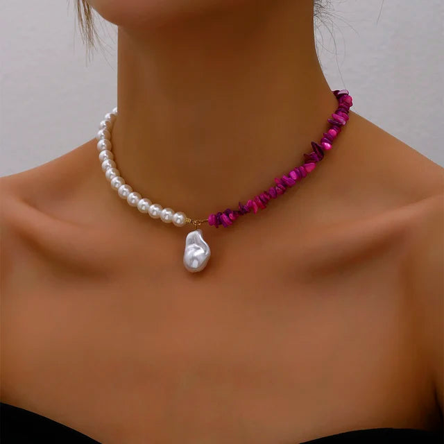 Two-Strand Pearl and Gemstone Choker Necklace with Baroque Pendant
 - ModishWorld