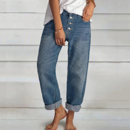 Relaxed Fit Women's Wide Leg Jeans Mid Rise Cuffed - ModishWorld