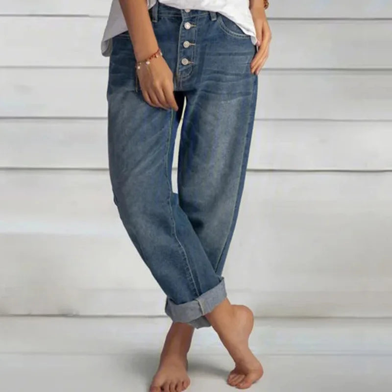 Relaxed Fit Women's Wide Leg Jeans Mid Rise Cuffed