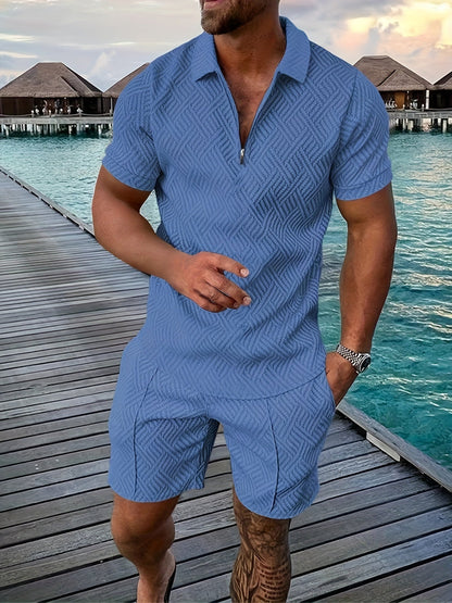 Relaxed Fit Mens Geometric Polo Shirt Shorts Combo