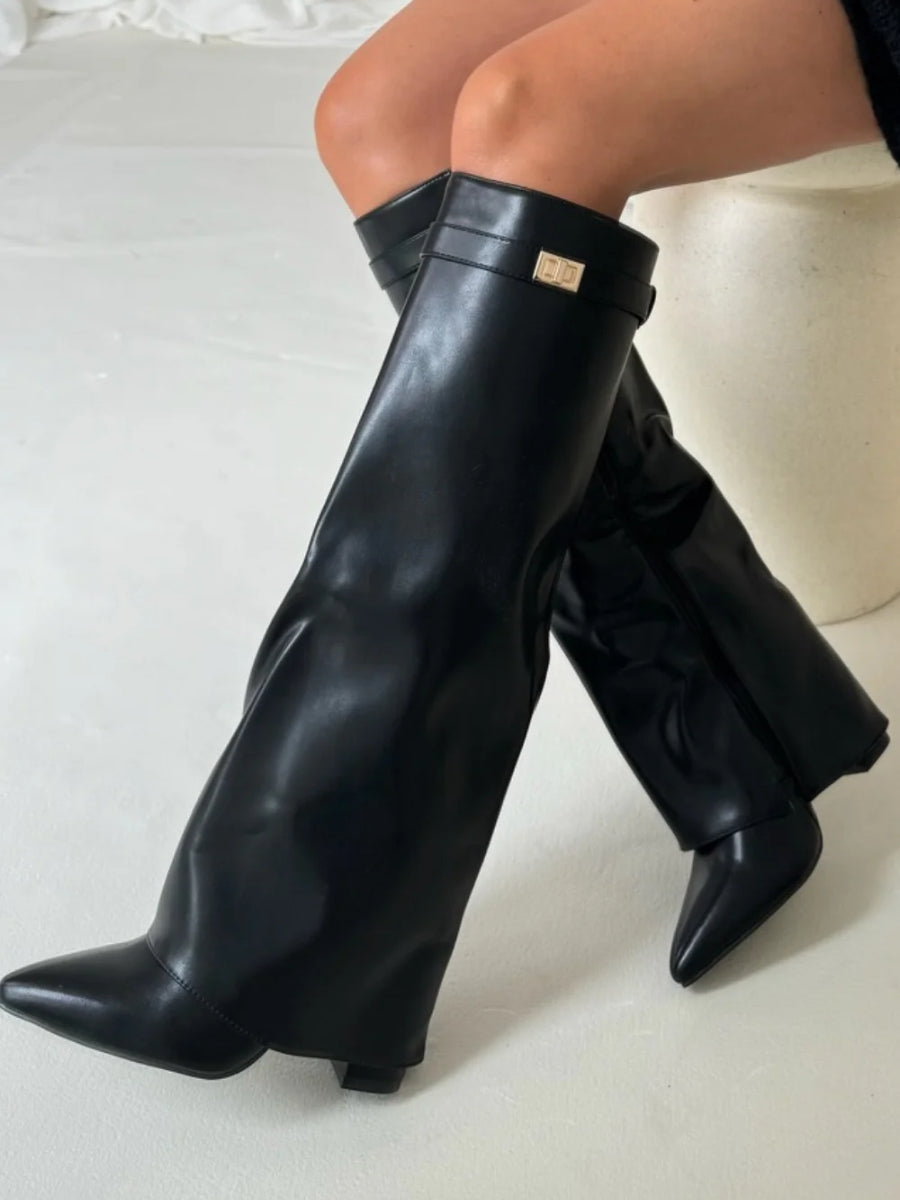 Tall Wide Calf Boots with Chunky Heel and Pointy Toe - ModishWorld