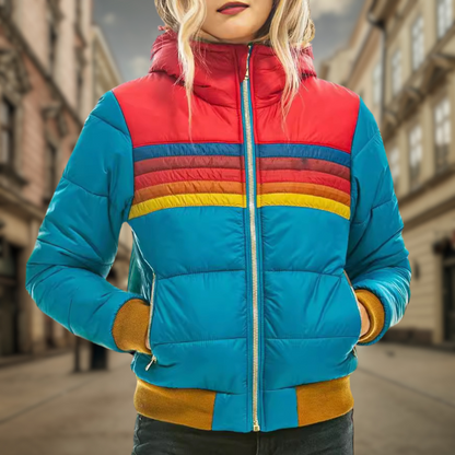 Women's Quilted Padded Coat - Zip Front with Contrast Trim