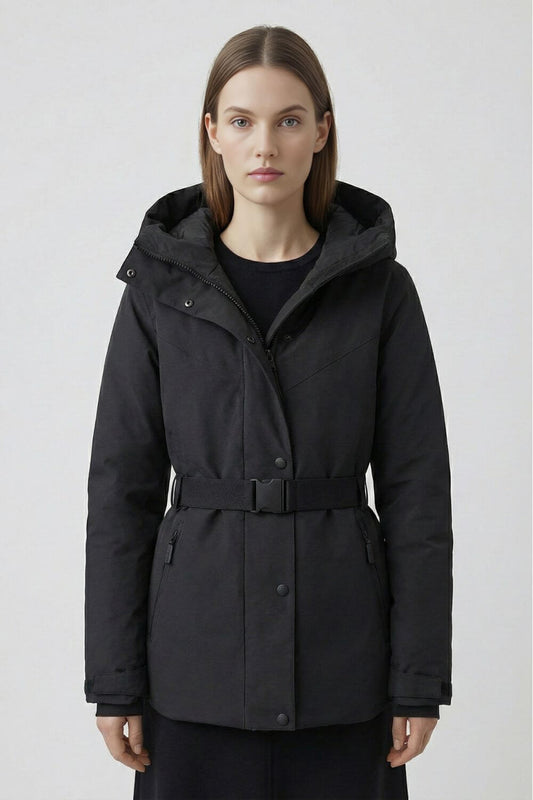Warm Women's Black Padded Parka Coat with Belted Waist - Modish World