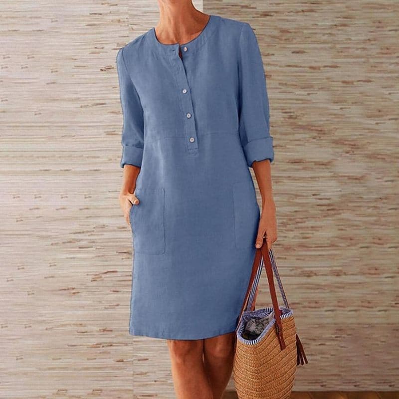 Casual Loose Fit Button Dress - Comfortable Knee Length