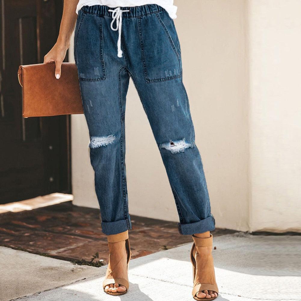 Women's Classic Straight Jeans - Elastic Waist & Side Pockets