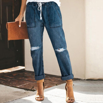 Women's Classic Straight Jeans - Elastic Waist & Side Pockets