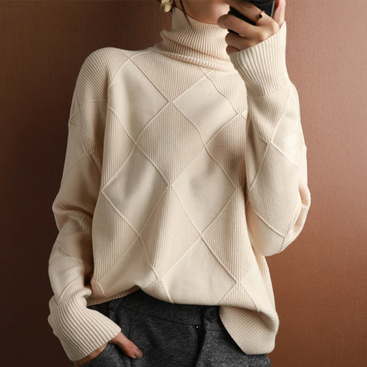 Women's Sweater - Soft Diamond Pattern Roll Neck