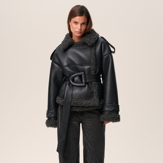 Classic Women's Shearling Coat Black Leather Belted Winter - Modish World
