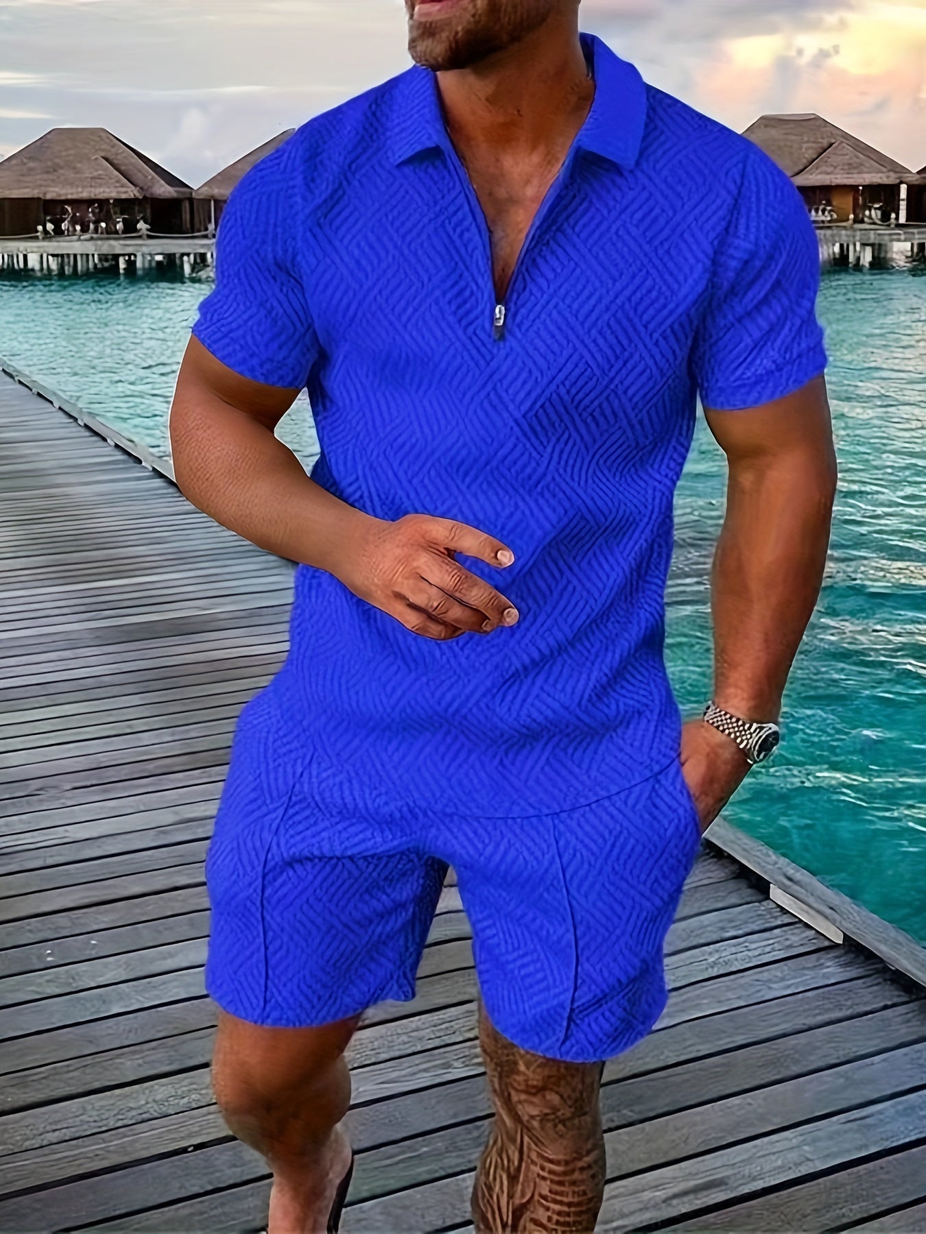 Relaxed Fit Mens Geometric Polo Shirt Shorts Combo