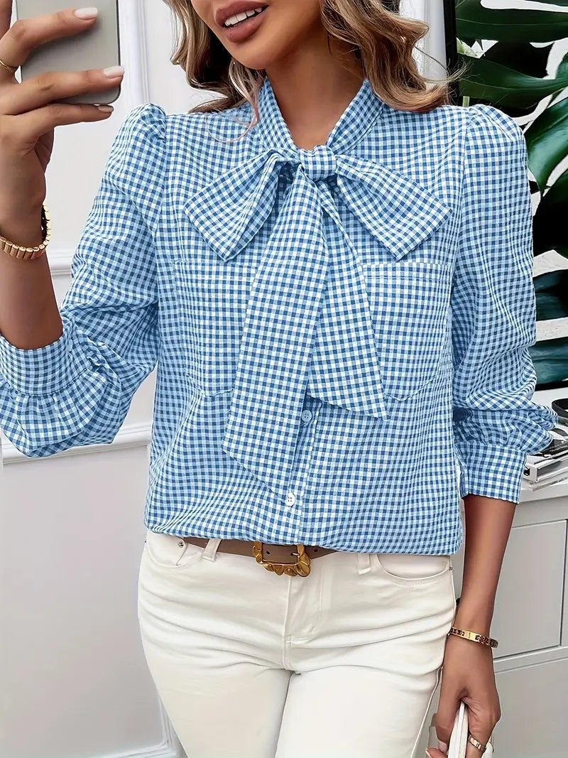 Classic Checked Shirt with Chic Bow Detail for Ladies