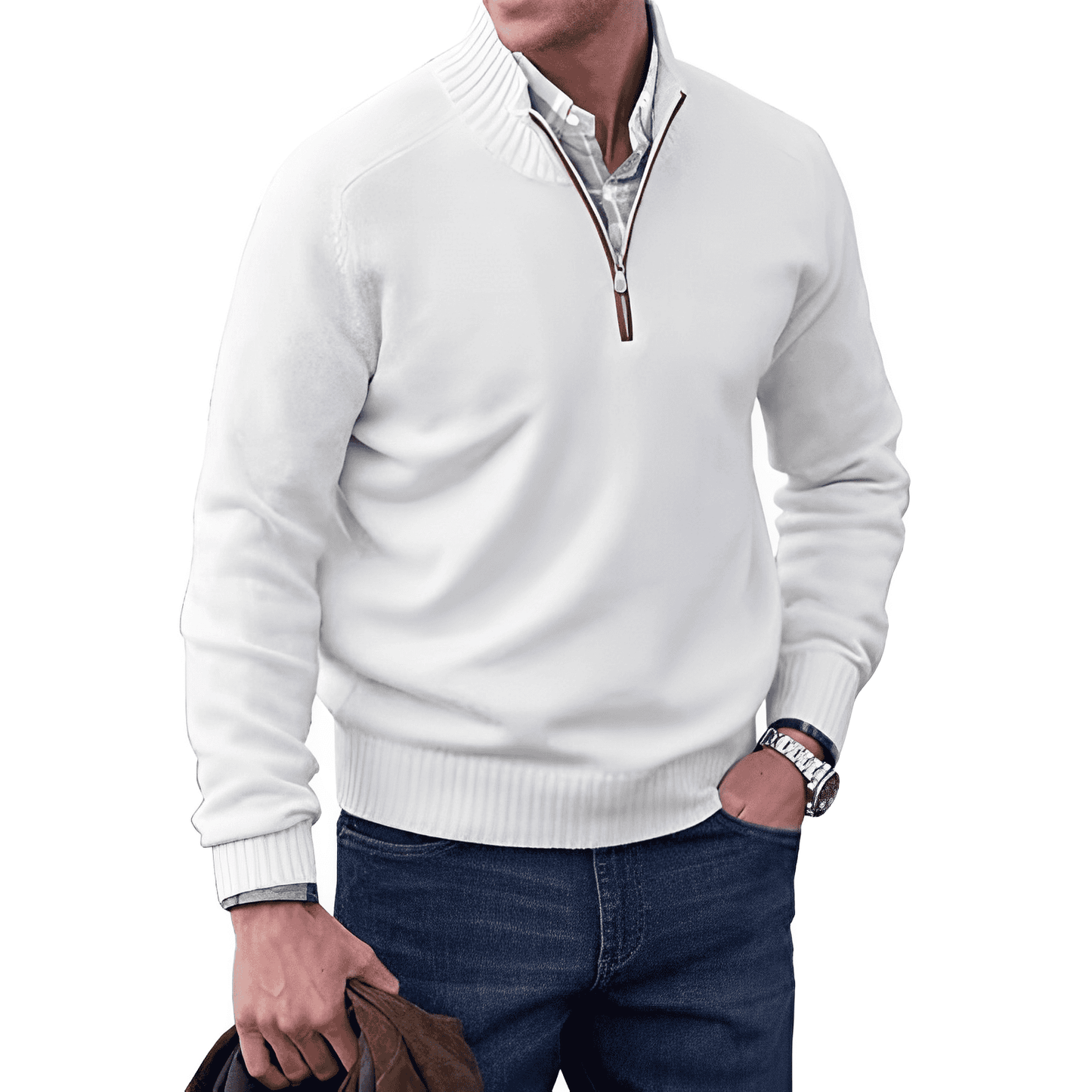 Men's Pullover Sweater - Quarter Zip Neck Ribbed Cuffs