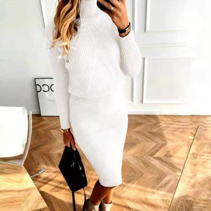 Cozy Crew Neck Knit Dress with Zig Zag Pattern