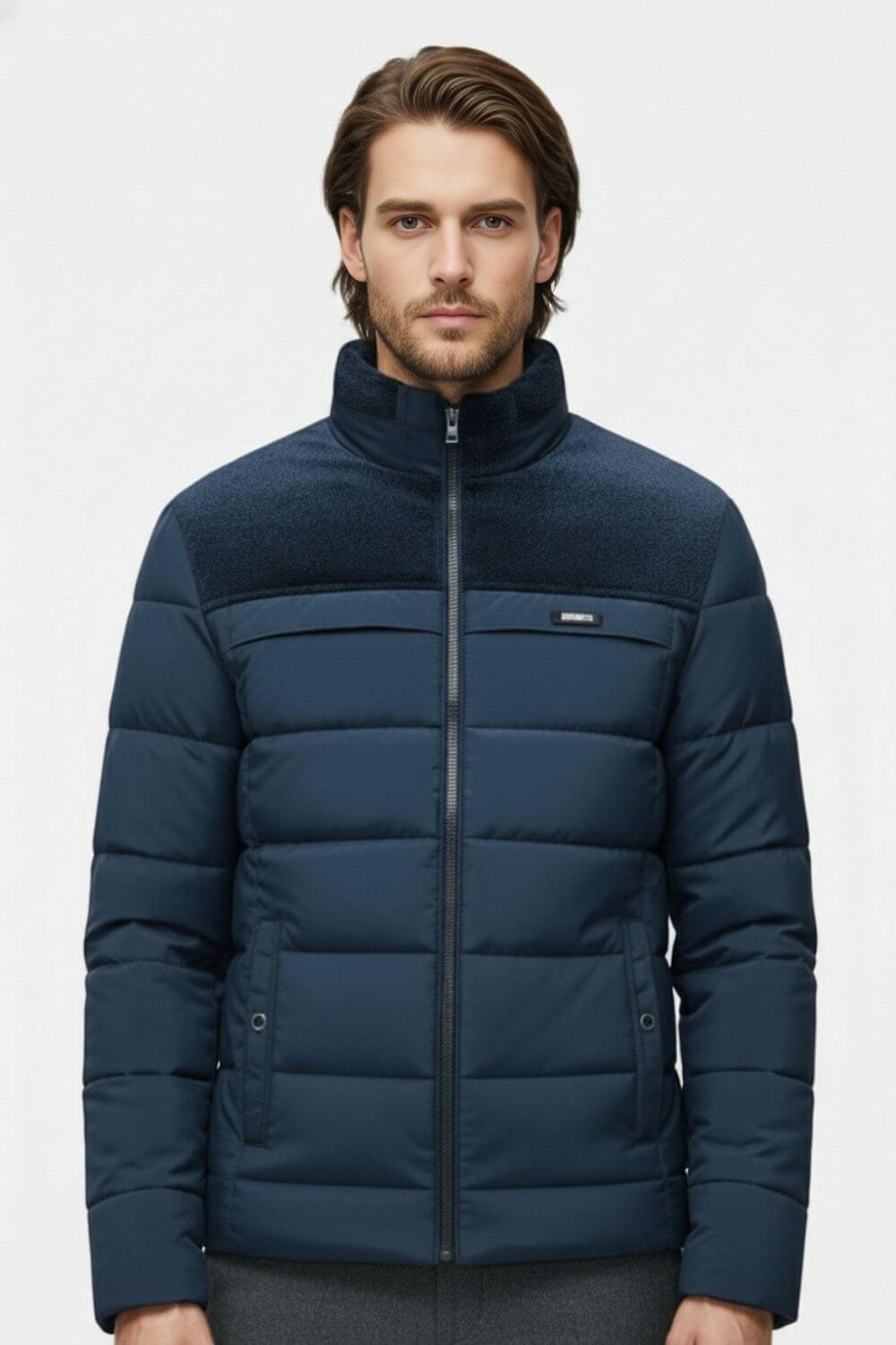 Warm Men's Padded Parka Jacket with Stand Collar