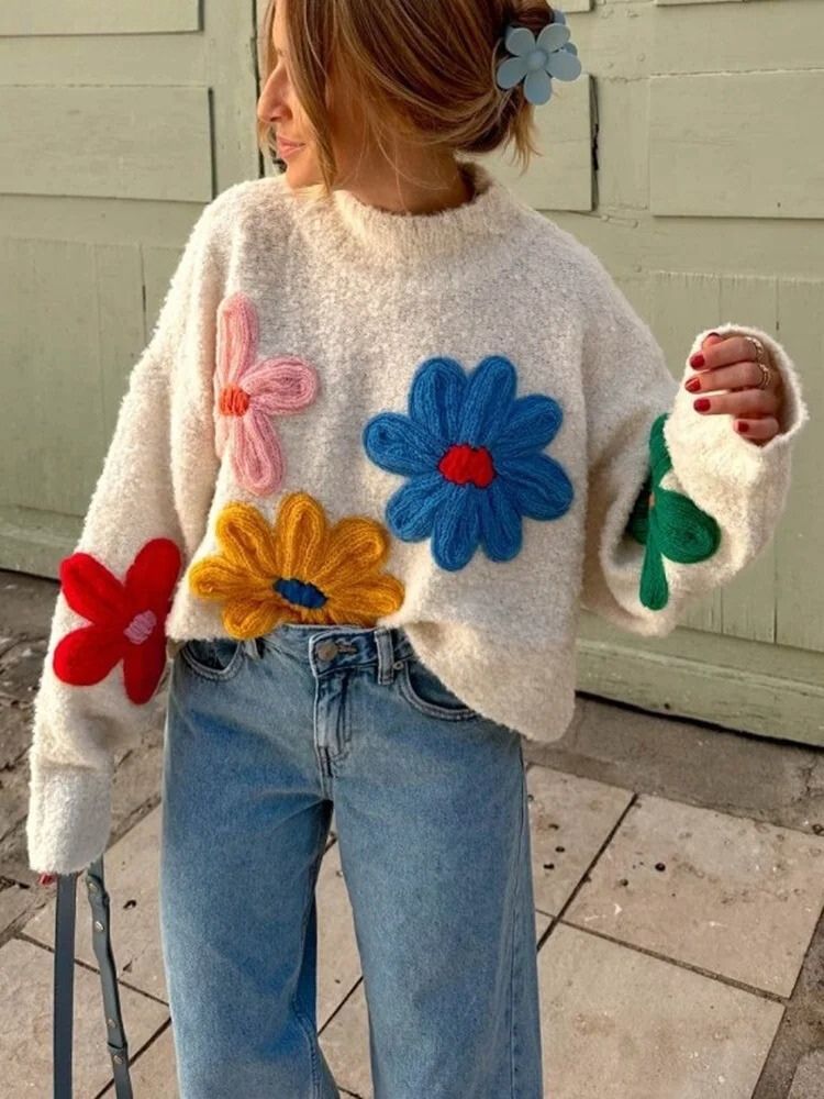 Women's Oversized Cream Sweater - Thick Cable Knit with Floral Patches - ModishWorld