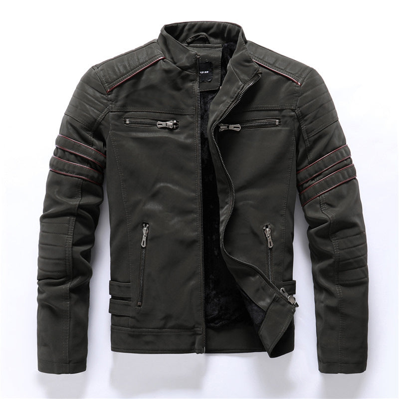 Men's Leather Biker Jacket with Red Stripe Trim