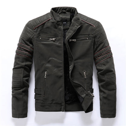 Men's Leather Biker Jacket with Red Stripe Trim